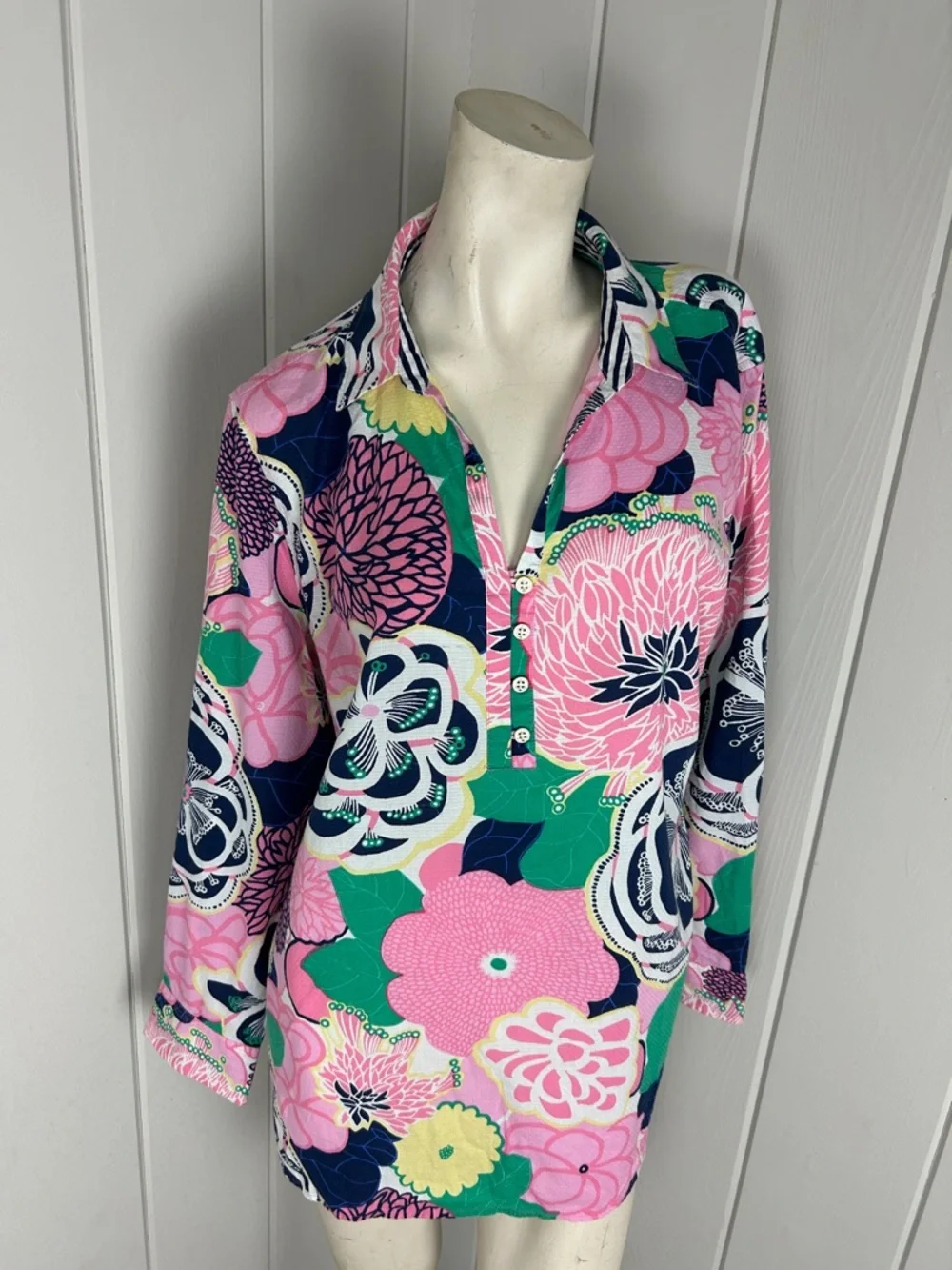 Talbots Floral Tunic Top Pink Blue Green Button Front Cotton Boho Preppy XL - Picture 10 of 10